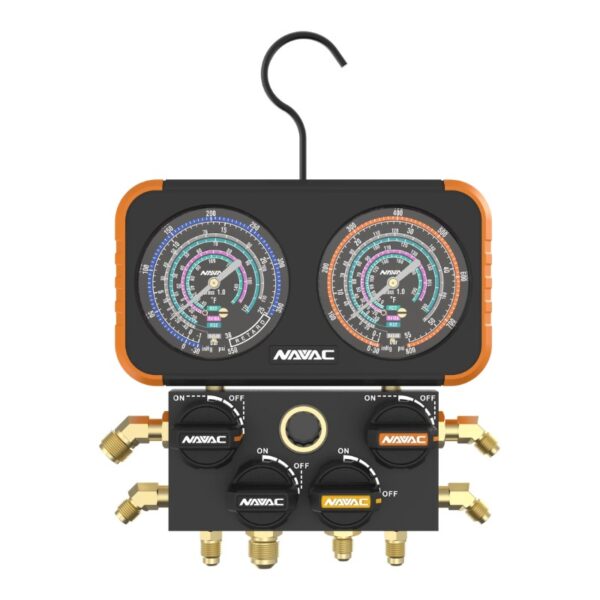 NAVAC Manifold Gauge , 4- Valve ,3-1/8'', R-410A/22/134A/404A/ 5' Hoses N4A4H - AP AC Distributors