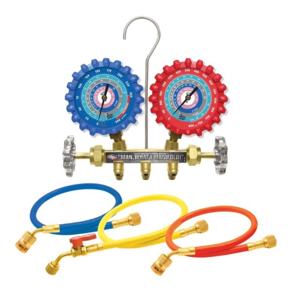 Uniweld A2L 2-V Brass Manifold With 3-1/8" NPF® Gauges (R-32/R-454B/R-448A/R410A) And 5 Ft. Ez Turn Hoses A2LM5EZ - AP AC Distributors