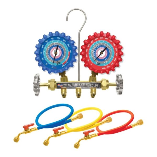 Uniweld A2L 2-V Brass Manifold With 3-1/8" NPF® Gauges (R-32/R-454B/R-448A/R410A) And 5 Ft. Ball Valve Hoses A2LM5BV - AP AC Distributors