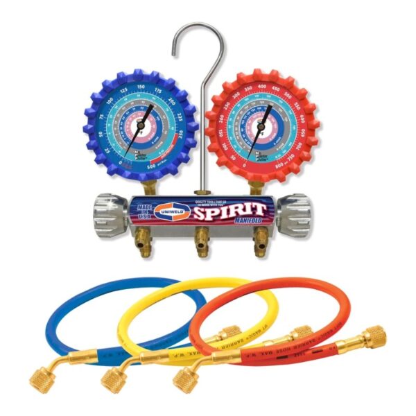 Uniweld A2L 2-V Spirit Manifold With 3-1/8" NPF® Gauges (R-32/R-454B/R-448A/R410A) And 5 Ft. Hoses A2LSM5H - AP AC Distributors