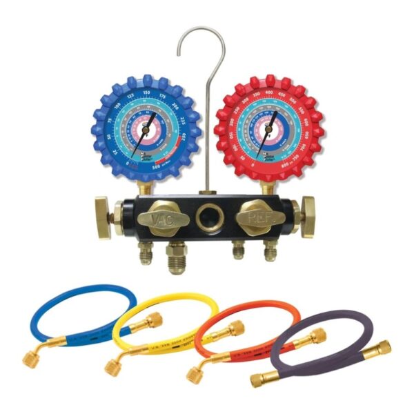 Uniweld A2L 4-V Aluminum Manifold With 3-1/8" NPF® Gauges (R-32/R-454B/R-448A/R410A) And 5 Ft. Hoses A2L4VM5H - AP AC Distributors